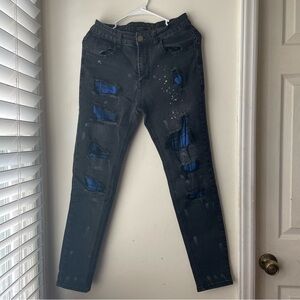 Distressed Black Jeans with Blue Accents